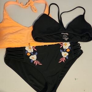 Black and Orange Bikini BUNDLE With Floral Embroidery On Bottoms In Med